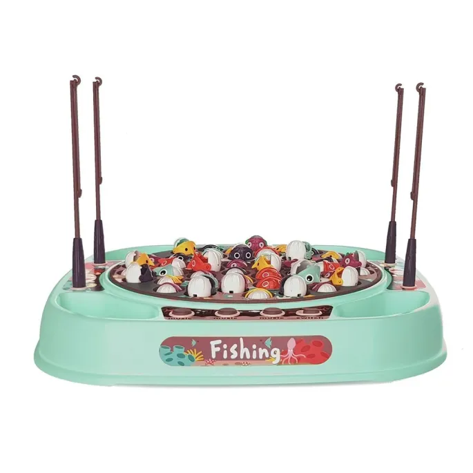 Plansza do łowienia rybek z obracającym się kołem i pojemnikami na zdobycze