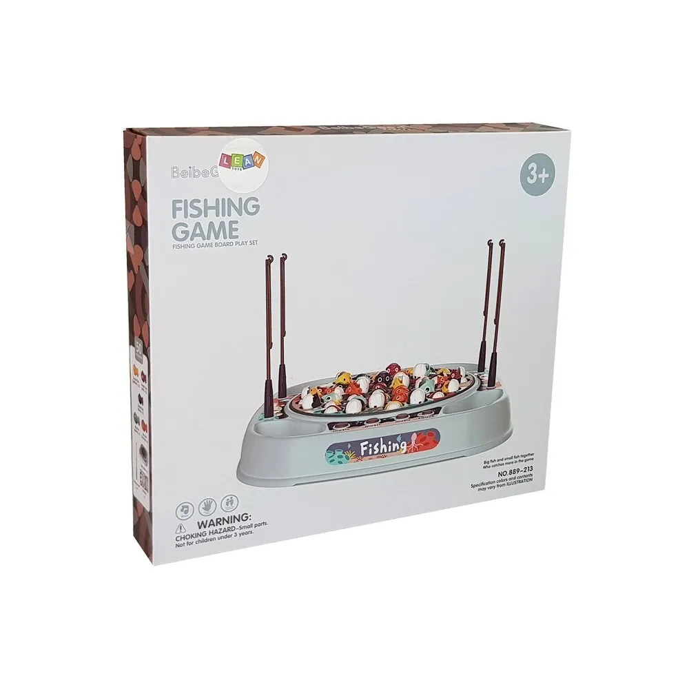 Elementy zestawu gry: 45 kolorowych rybek i cztery wygodne wędki