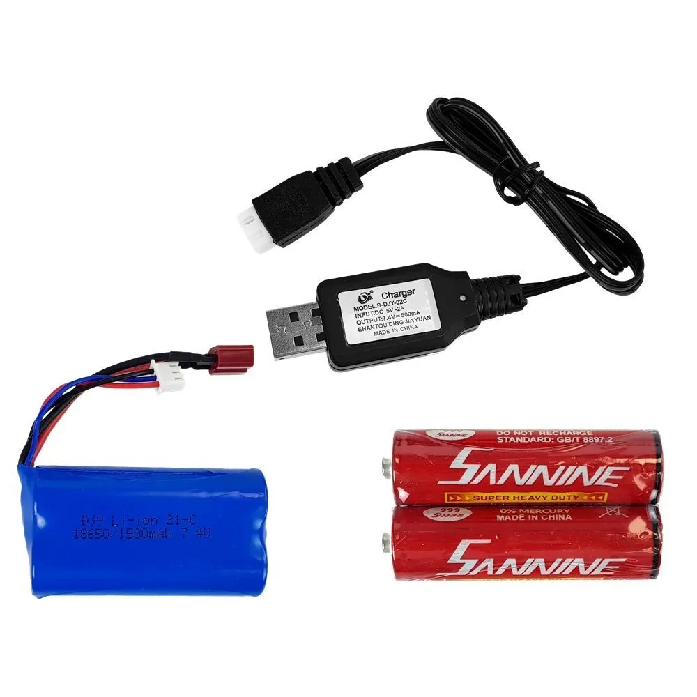 Zestaw: auto rajdowe, pilot, akumulator i ładowarka USB na jednym zdjęciu