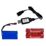 Zestaw: auto rajdowe, pilot, akumulator i ładowarka USB na jednym zdjęciu