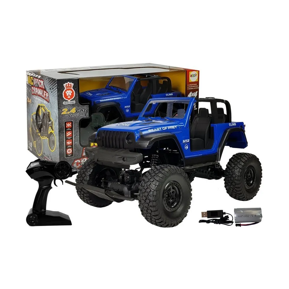 Niebieskie auto terenowe 4x4 zdalnie sterowane na tle białym