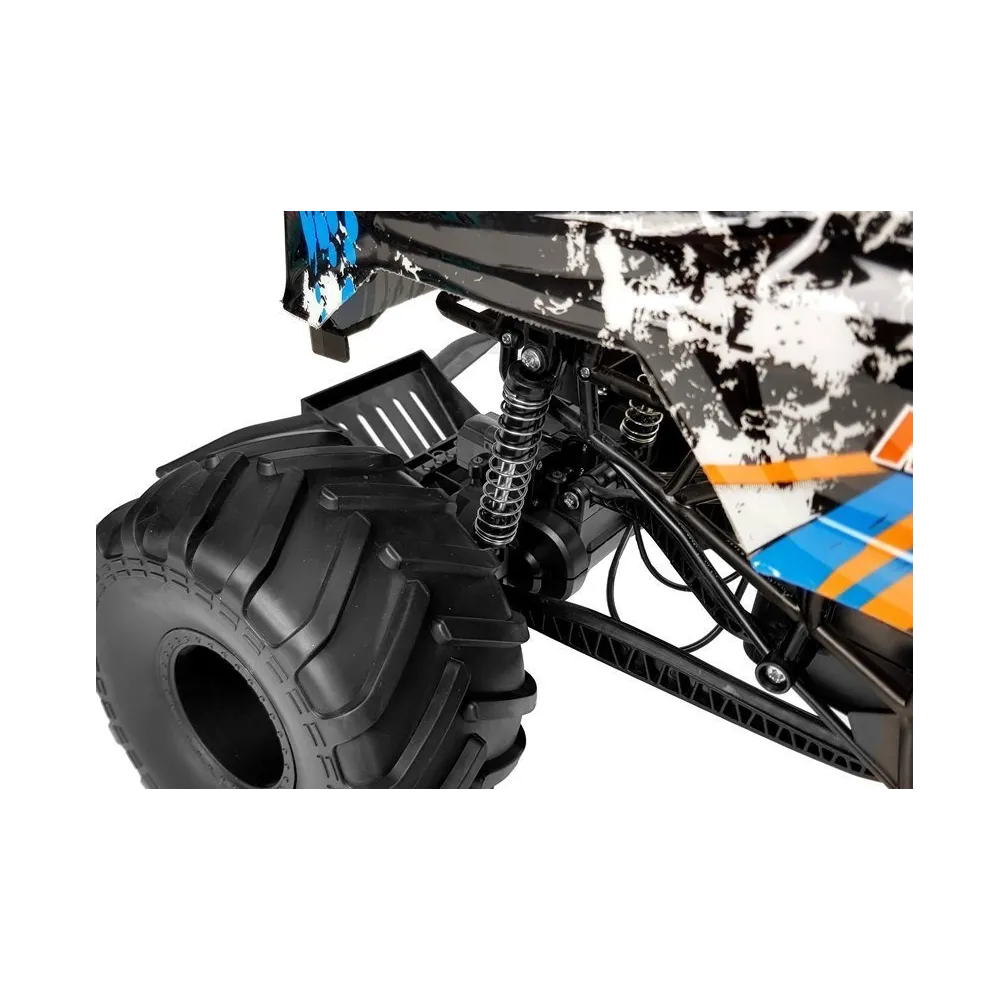 Zbliżenie na detale wytrzymałej konstrukcji auta terenowego RC