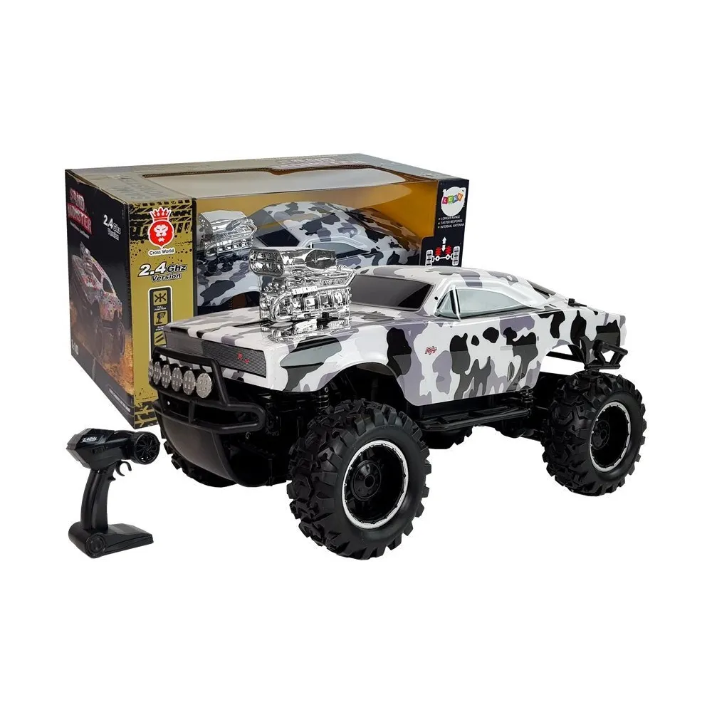 Zdalnie sterowane auto terenowe 4x4 w kolorze biało-czarnym moro, widok z boku