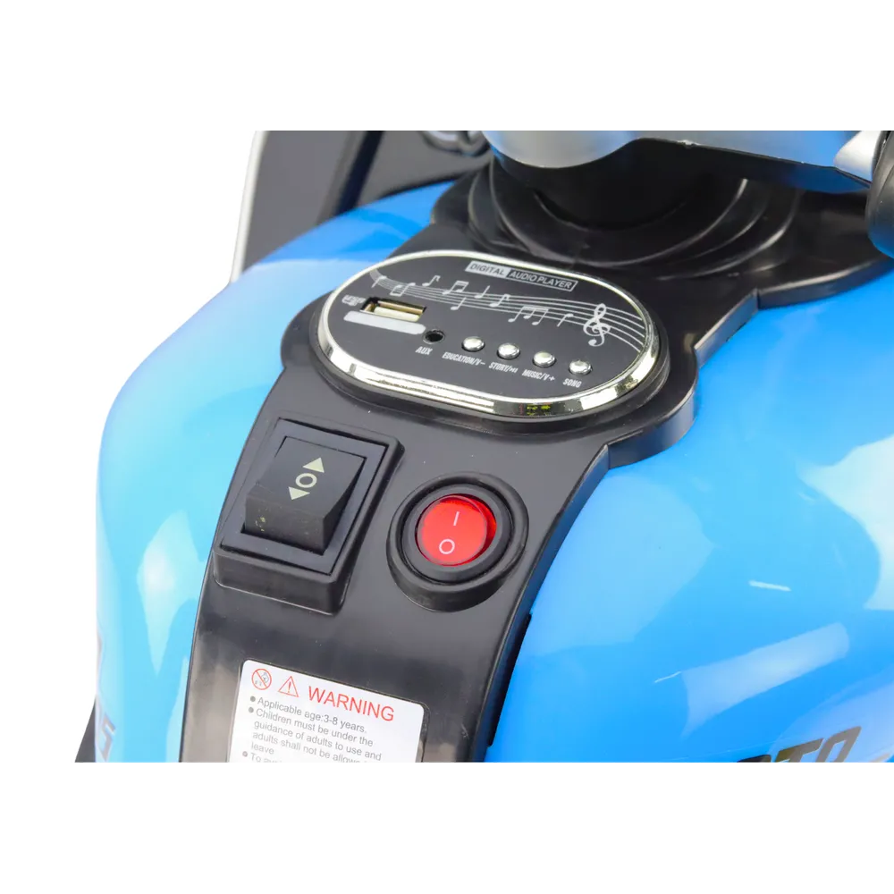 Dziecięcy motorek elektryczny HT-5188 niebieski na tle zieleni