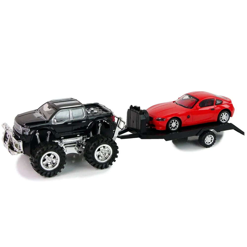 Białe BMW ustawione na lawecie, gotowe do transportu przez Monster Trucka