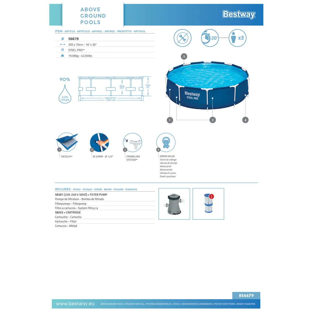 Basen ogrodowy Bestway 305x76 cm z widocznym odpływem spustowym