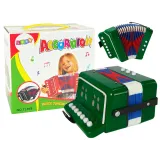 Zielony akordeon zabawkowy dla dzieci leżący na białym tle