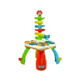 Widok zestawu: stolik edukacyjny z kołami zębatymi i koszem na piłeczki