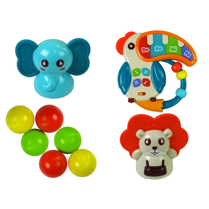 Kolorowe elementy stolika edukacyjnego rozwijające motorykę małą