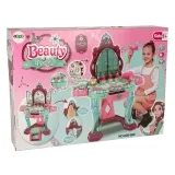 Kolorowa toaletka z krzesełkiem oraz bezpiecznymi kosmetykami i biżuterią