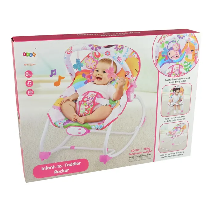 Różowa kołyska z miękkim siedziskiem i okręgiem z maskotkami