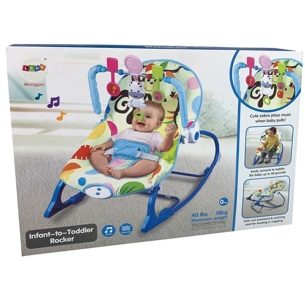 Niebieski fotelik dziecięcy z wyjmowanym pałąkiem z zabawkami zebra