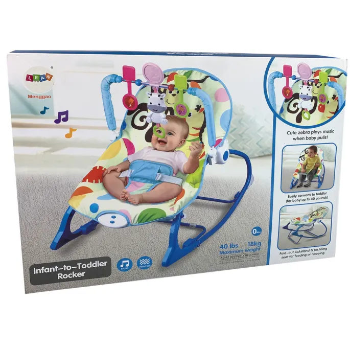 Niebieski fotelik dziecięcy z wyjmowanym pałąkiem z zabawkami zebra