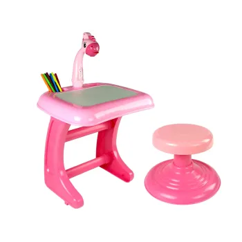 Stolik Tablica do Rysowania z Projektorem + Krzesełko | Różowy | Pisaki i Obrazki | Zestaw edukacyjny dla dzieci