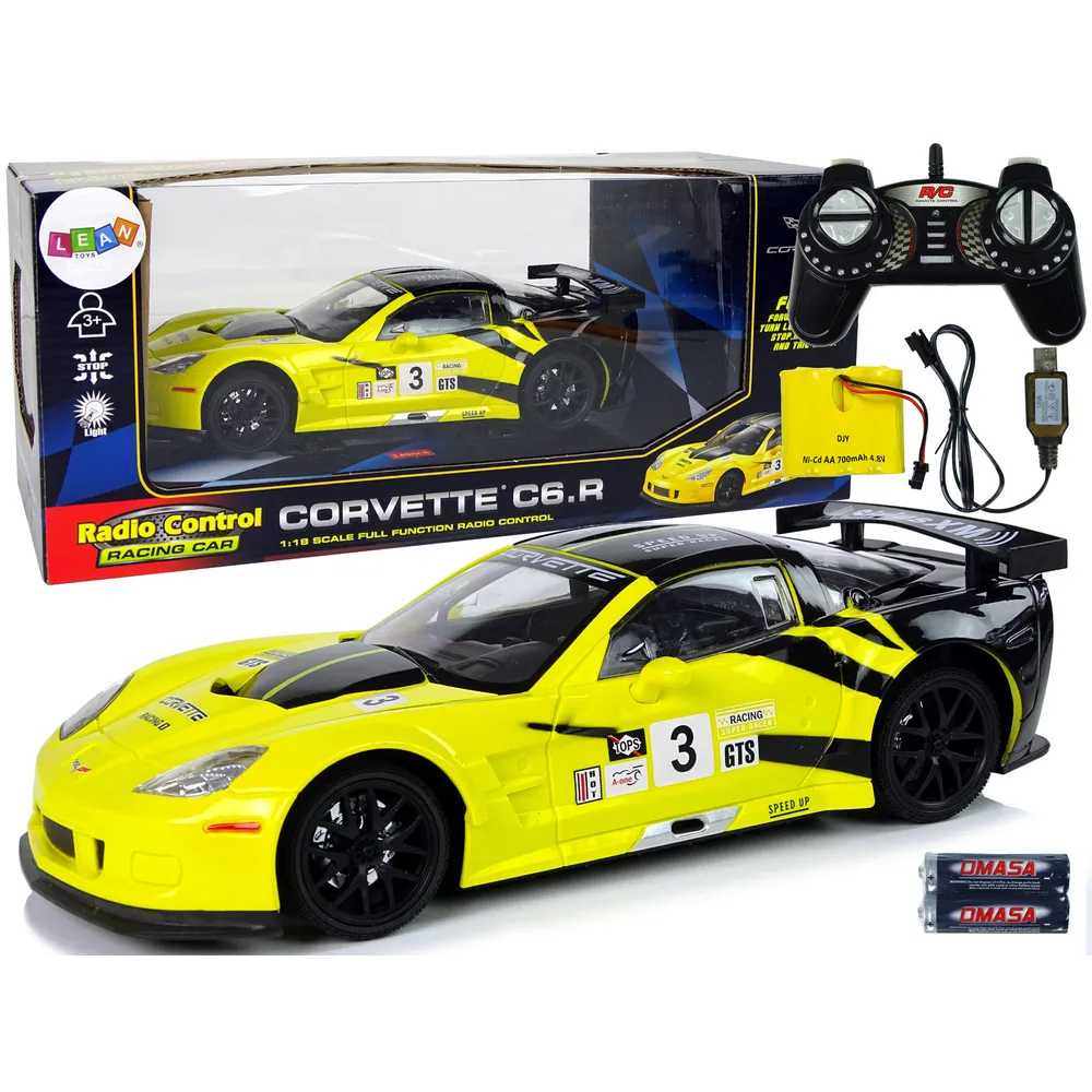Zdalnie sterowane auto sportowe Corvette C6.R w kolorze żółtym z reflektorami LED