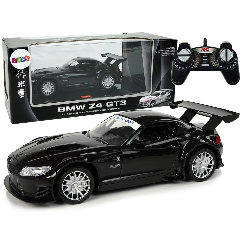 Czarne auto sportowe BMW Z4 GT3 R/C na białym tle w skali 1:18
