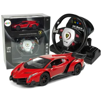 Czerwone Lamborghini Veneno RC z pilotem kierownicą widoczne z boku