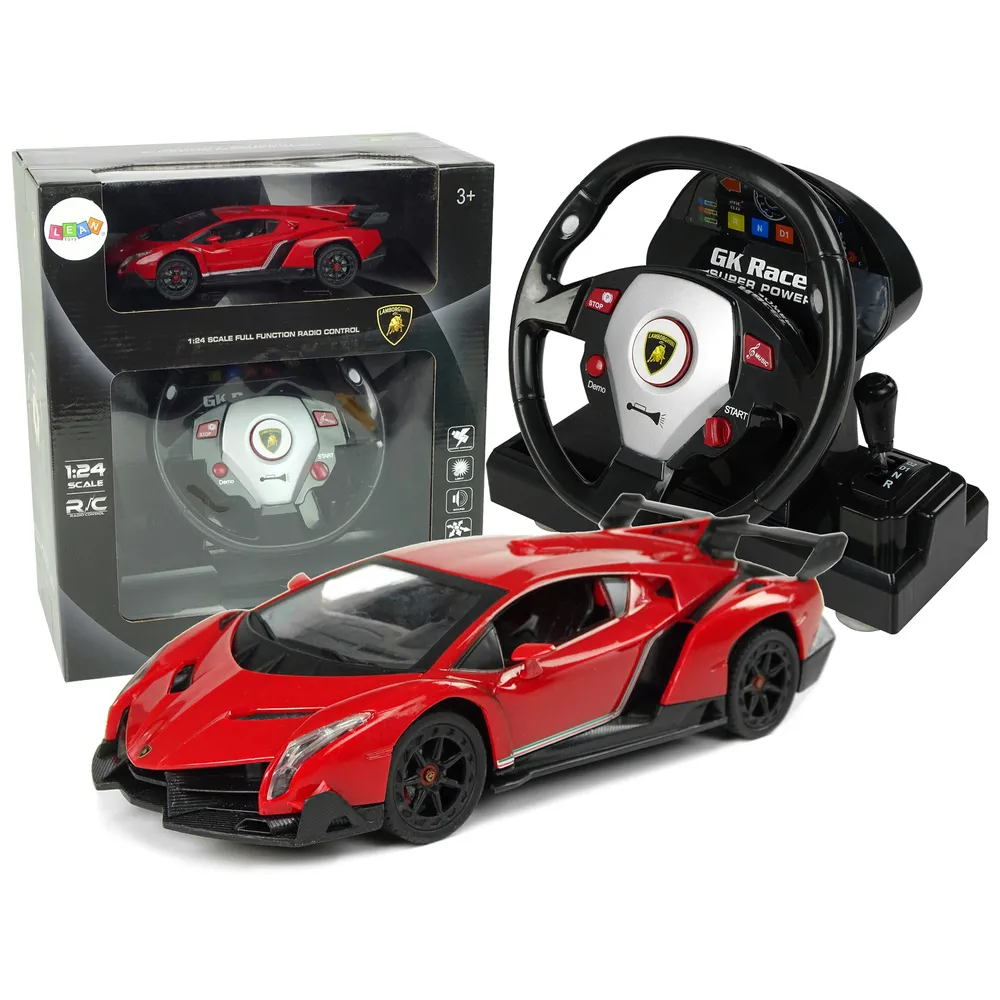 Czerwone Lamborghini Veneno RC z pilotem kierownicą widoczne z boku