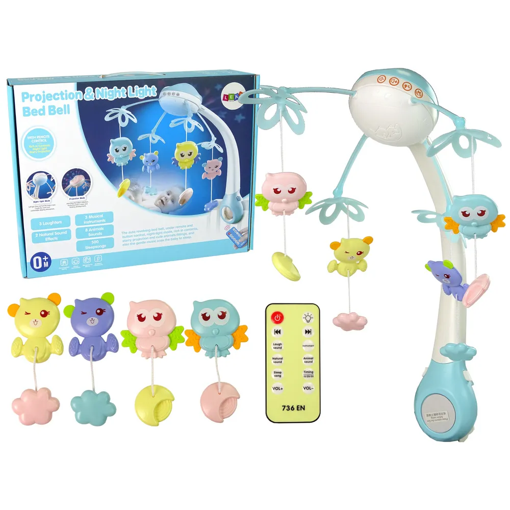 Karuzela do łóżeczka z projektorem i pilotem w kolorze niebieskim