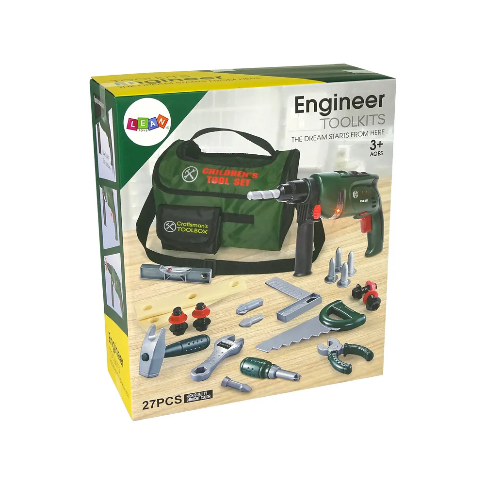 Wiertarka, młotek, klucz francuski i piła – zabawkowe narzędzia w zestawie