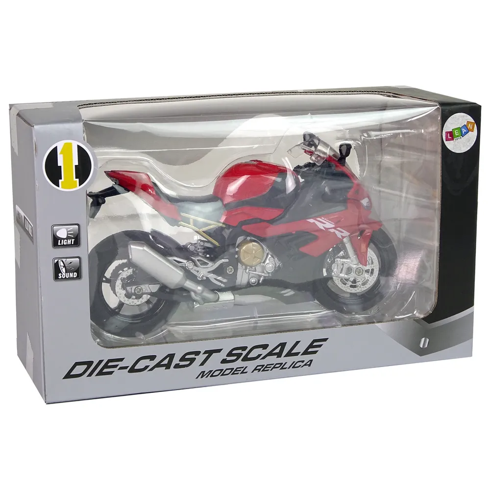 Model kolekcjonerski motocykla BMW S1000RR z opuszczaną stopką i światłami