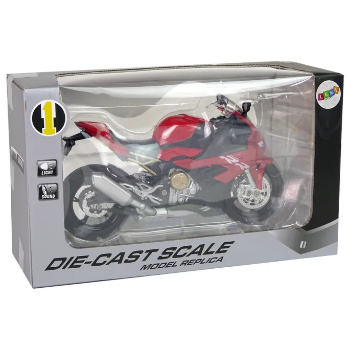 Model kolekcjonerski motocykla BMW S1000RR z opuszczaną stopką i światłami