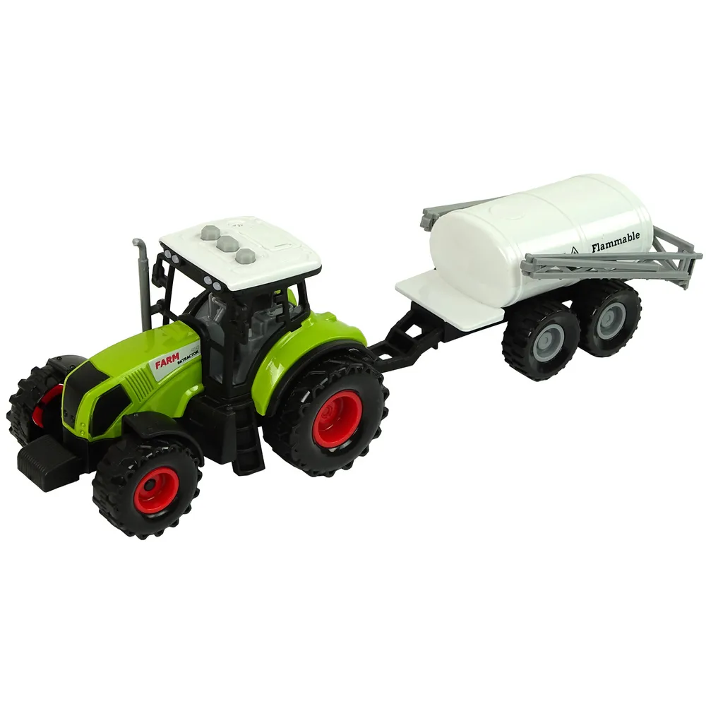 Trzy ciągniki z przyczepami i opryskiwaczem rozwijające wyobraźnię
