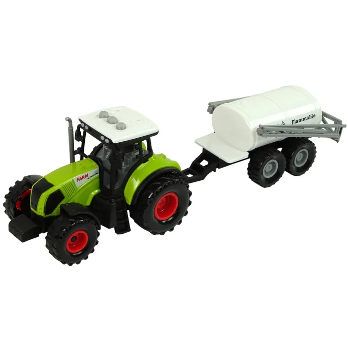 Trzy ciągniki z przyczepami i opryskiwaczem rozwijające wyobraźnię
