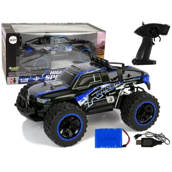 Niebieskie auto terenowe RC w skali 1:12 z amortyzatorami do jazdy po wertepach