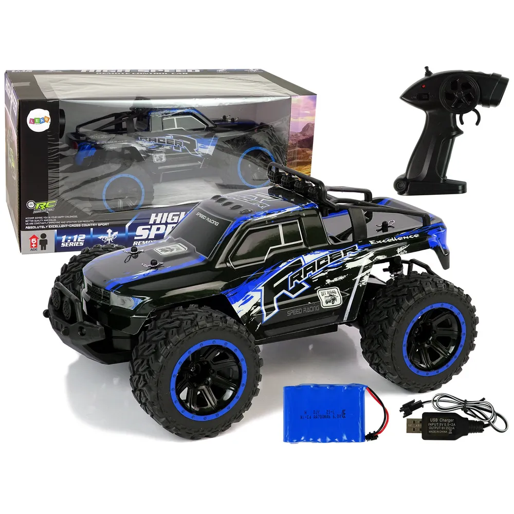 Niebieskie auto terenowe RC w skali 1:12 z amortyzatorami do jazdy po wertepach
