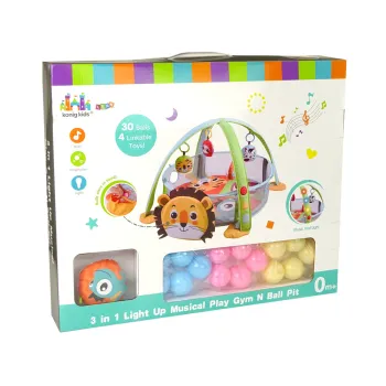 Bezpieczna mata edukacyjna z motywem lwa wyposażona w melodie i piłeczki