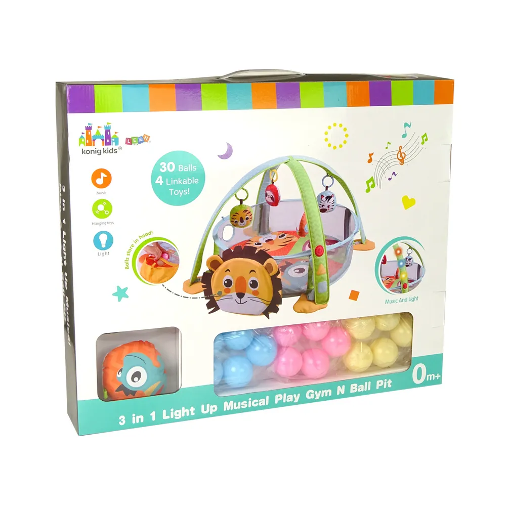 Bezpieczna mata edukacyjna z motywem lwa wyposażona w melodie i piłeczki