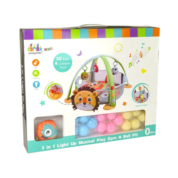 Bezpieczna mata edukacyjna z motywem lwa wyposażona w melodie i piłeczki