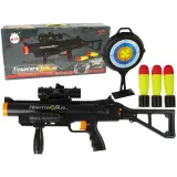 Zabawkowy karabin granatnik w kolorze czarnym z piankowymi rakietami