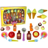 Kolorowy zestaw lodów i babeczek do zabawy dla dzieci na tle opakowania