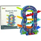 Drewniana zjeżdżalnia z sześcioma poziomami i kolorowymi autkami