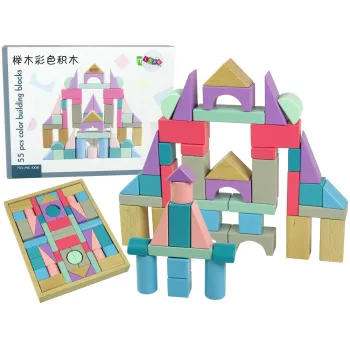 Drewniane klocki pastelowe 55 elementów do budowania zamków i budowli