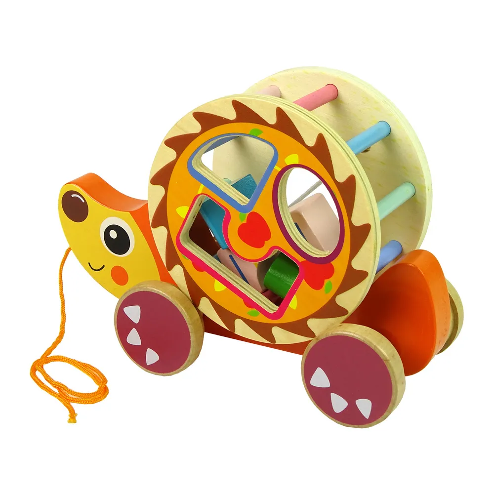 Zestaw: drewniany jeżyk do ciągnięcia i trzy kolorowe klocki