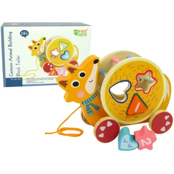 Drewniany lisek do ciągnięcia na kółkach z sorterem klocków edukacyjnych