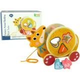 Drewniany lisek do ciągnięcia na kółkach z sorterem klocków edukacyjnych