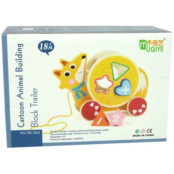 Kolorowa zabawka edukacyjna lisek na kółkach z figurami geometrycznymi