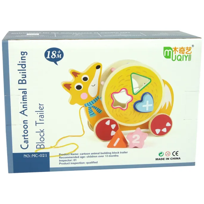 Kolorowa zabawka edukacyjna lisek na kółkach z figurami geometrycznymi