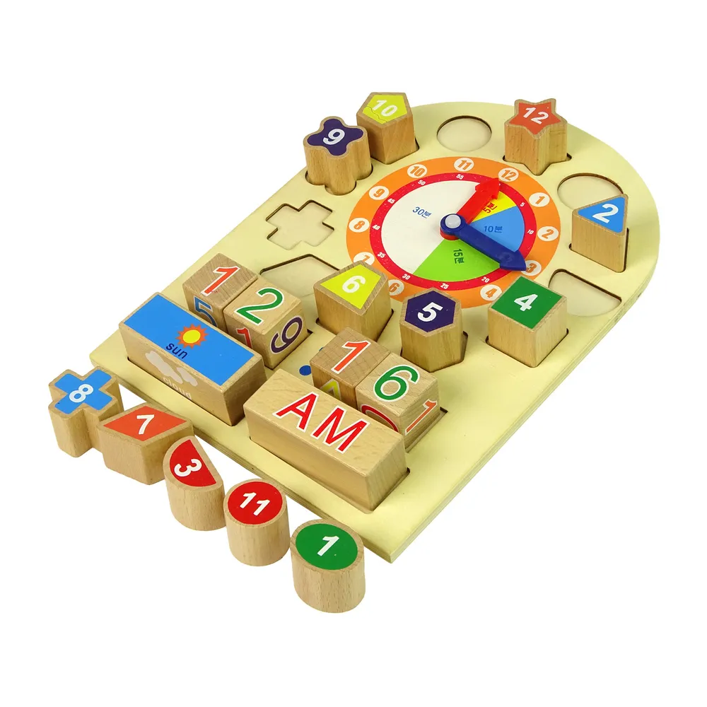 Kolorowa plansza zegara z drewnianymi klockami o różnych kształtach