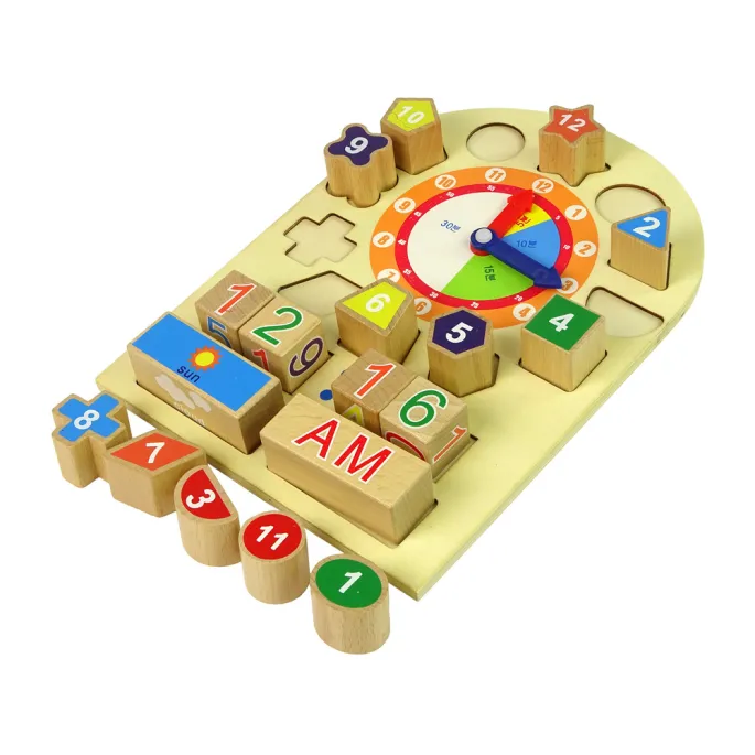 Kolorowa plansza zegara z drewnianymi klockami o różnych kształtach