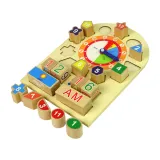 Kolorowa plansza zegara z drewnianymi klockami o różnych kształtach