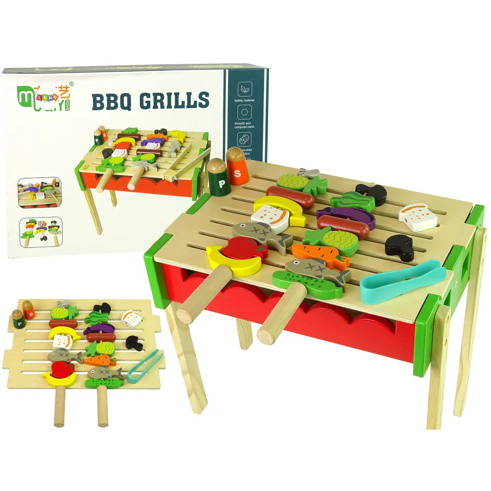 Drewniany grill dziecięcy z pełnym zestawem akcesoriów do grillowania