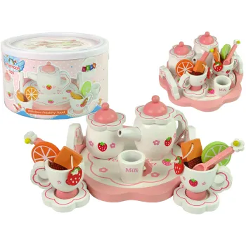 Różowy drewniany zestaw do herbaty z kwiatkami i dzbankiem na tacy