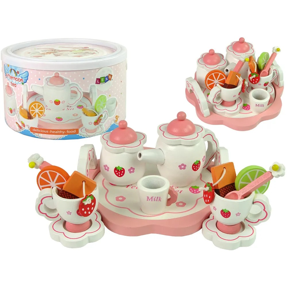 Różowy drewniany zestaw do herbaty z kwiatkami i dzbankiem na tacy