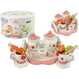 Różowy drewniany zestaw do herbaty z kwiatkami i dzbankiem na tacy