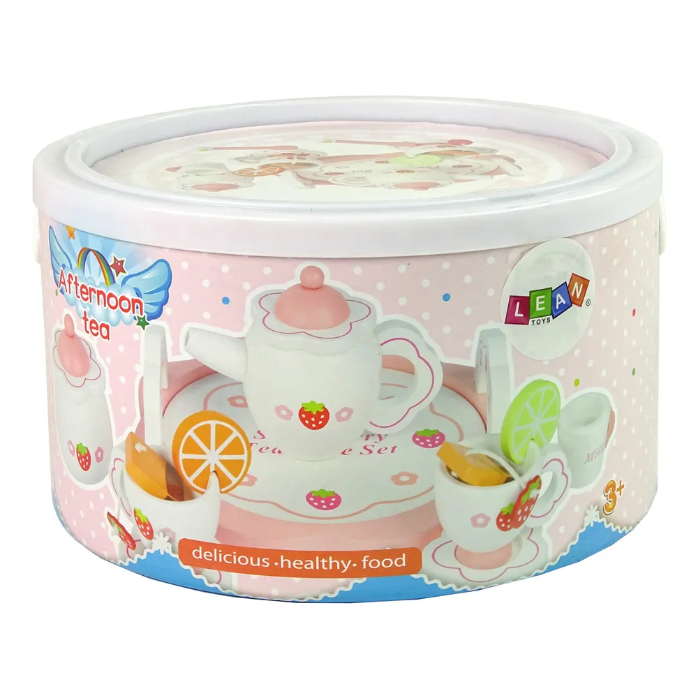 Kolorowy komplet do herbaty z drewna dla dziewczynki, całość na tacy